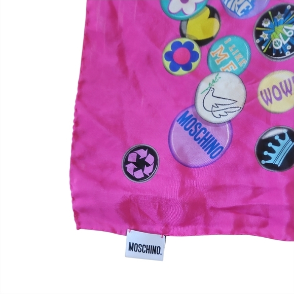 MOSCHINO | Vintage 100% Silk Pop Art Pin Badge Scarf 25" Made in Italy - Picture 4 of 5